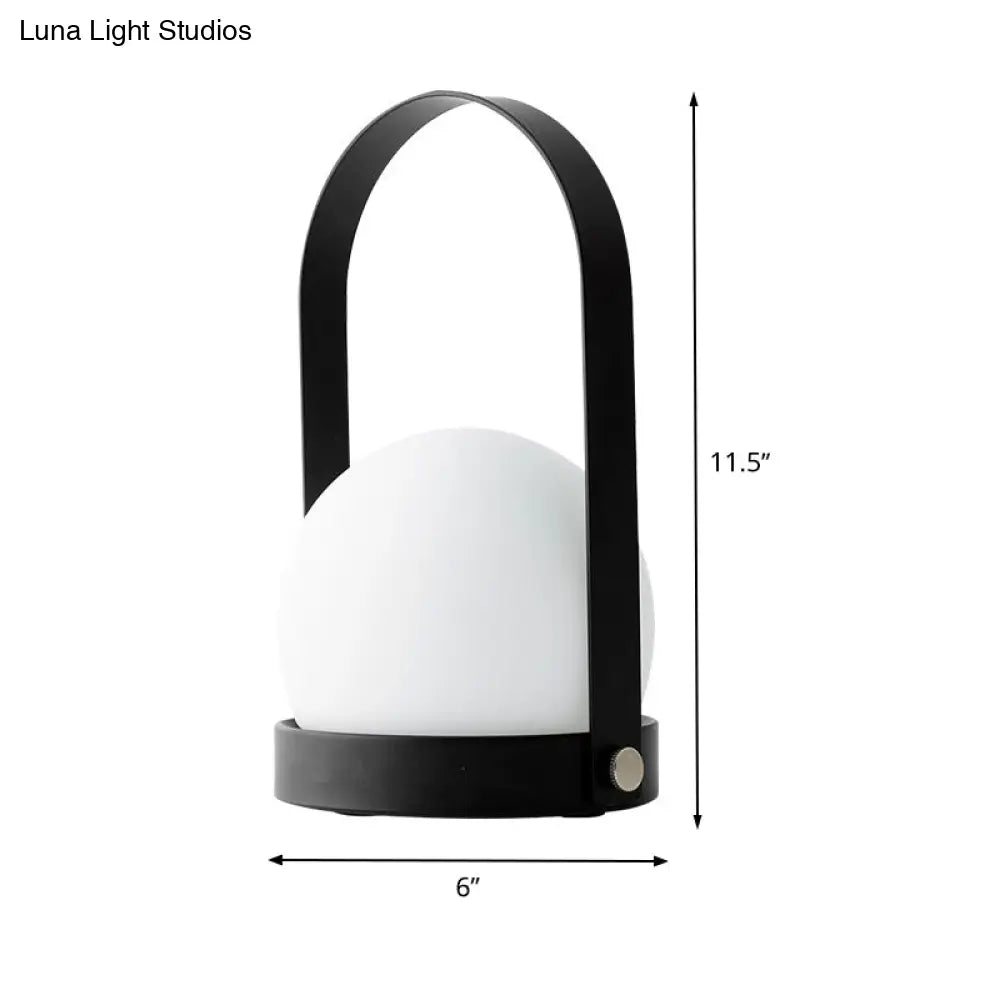 Modern White Glass Night Table Lamp With Metal Handle - Globe Task Light Design
