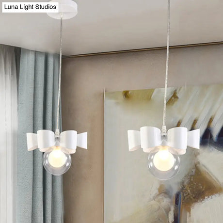 Modern White Glass Orb Pendant Light With Bow Deco - 1-Light Restaurant Hanging Fixture