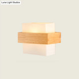 Modern White Glass Rectangle Sconce With Wooden Accents - Single-Bulb Wall Light Fixture