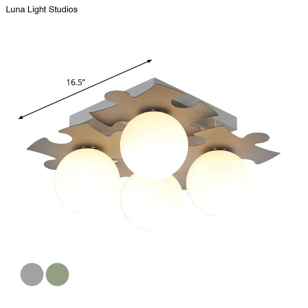 Modern White Glass Semi Flush Mount With Jigsaw Puzzle Decor - 4 - Bulb Light In Grey/Green