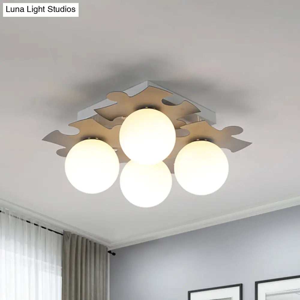 Modern White Glass Semi Flush Mount With Jigsaw Puzzle Decor - 4 - Bulb Light In Grey/Green
