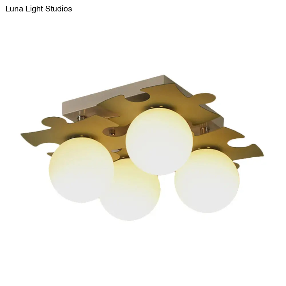 Modern White Glass Semi Flush Mount With Jigsaw Puzzle Decor - 4 - Bulb Light In Grey/Green