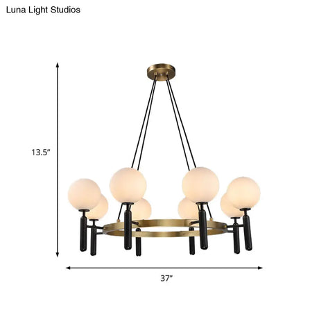 Modern White Glass Sphere Chandelier With Circular Design - 8 Lights Black Hanging Fixture
