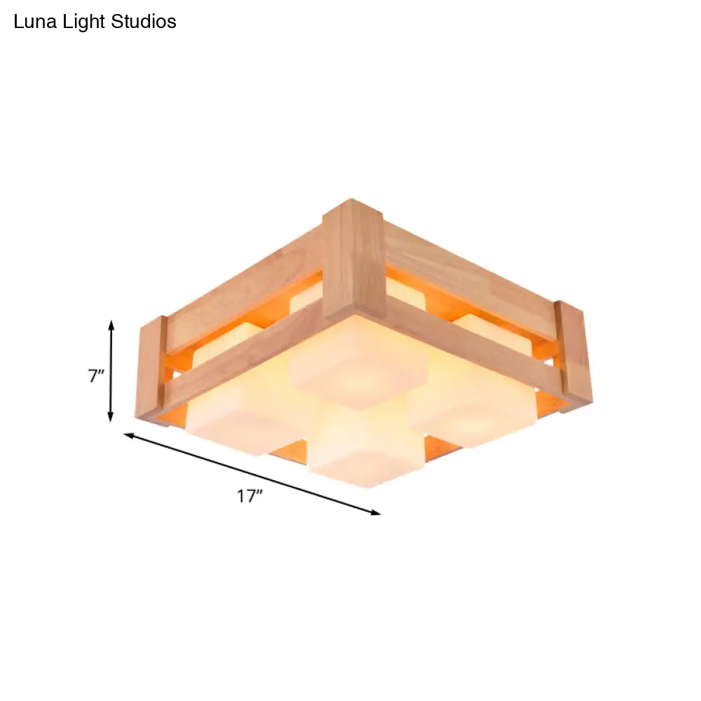 Modern White Glass Square Flushmount Led Lamp With Wood Accents For Living Room