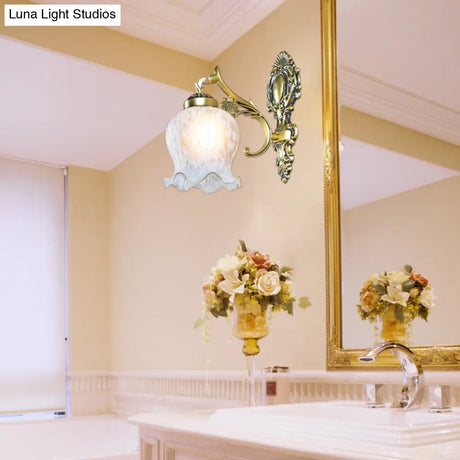 Modern White Glass Wall Mount Lamp With Gold Design - Single Head Flower Sconce Light