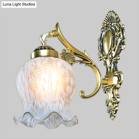 Modern White Glass Wall Mount Lamp With Gold Design - Single Head Flower Sconce Light