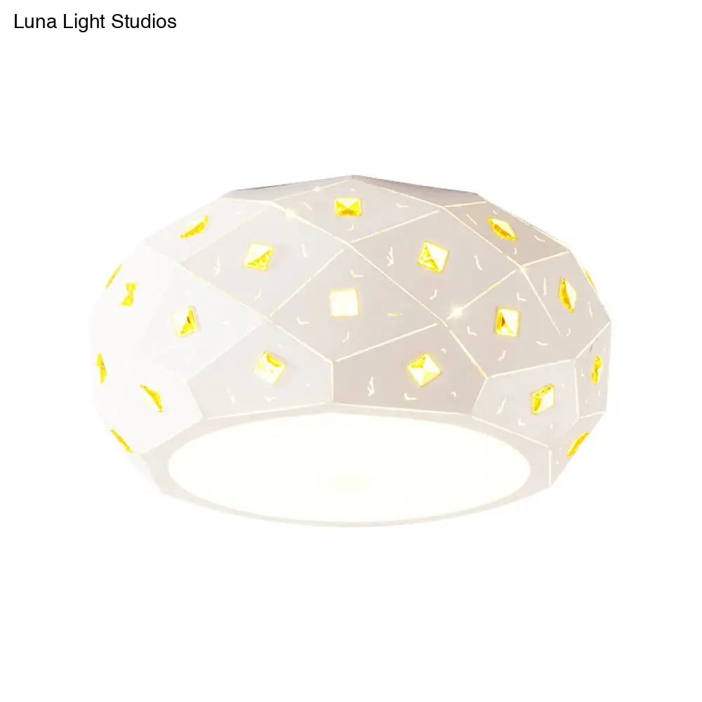 Modern White Led Flush Ceiling Light With Crystal Accent - Sleek Acrylic Drum Shape For Corridor