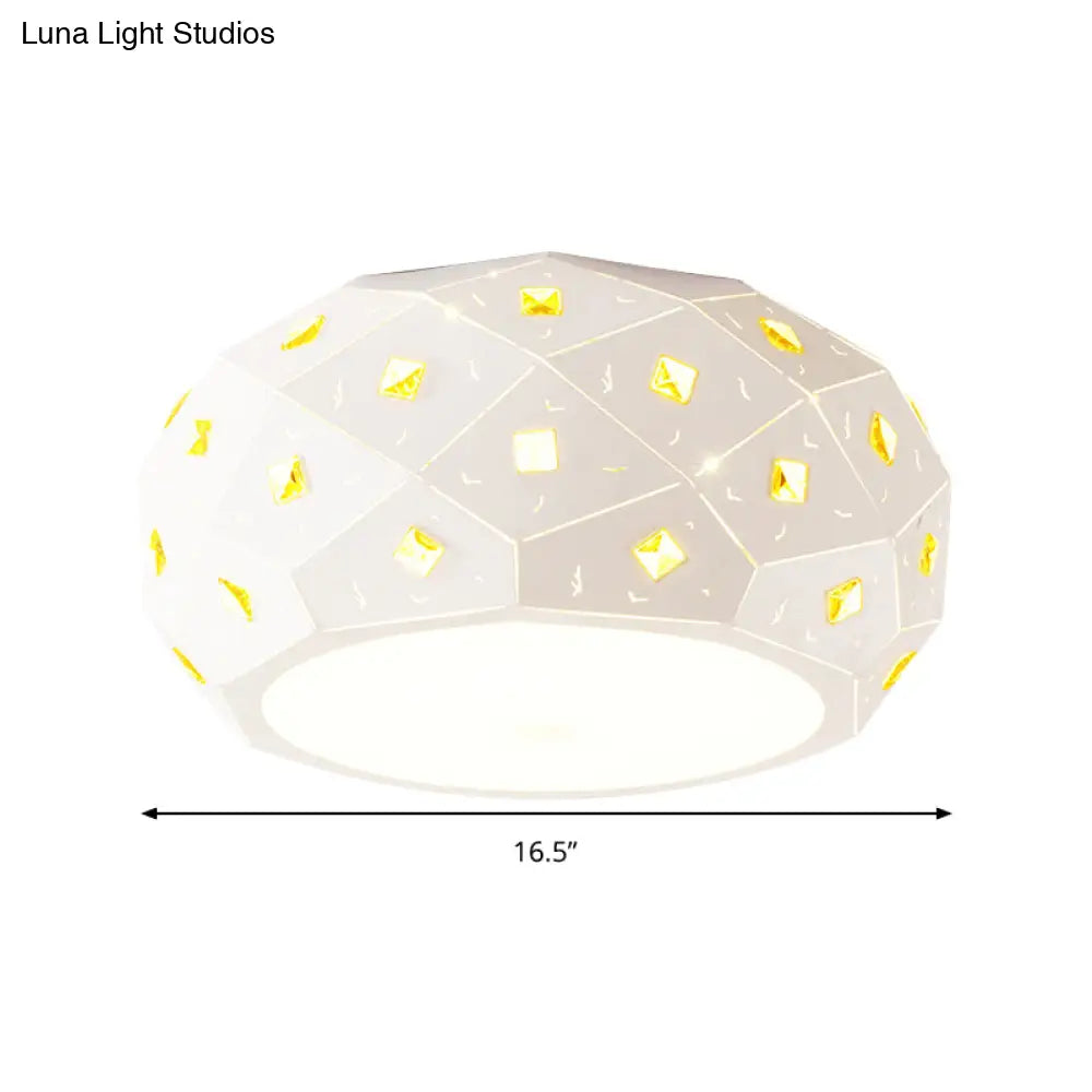 Modern White Led Flush Ceiling Light With Crystal Accent - Sleek Acrylic Drum Shape For Corridor