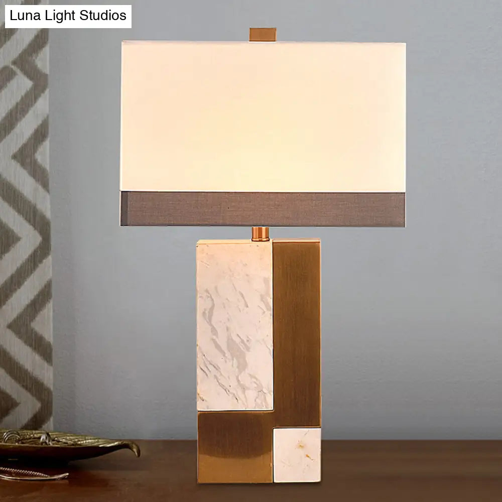 Modern White Night Table Lamp - Rectangle Fabric Shade 1 Head Study Desk Light
