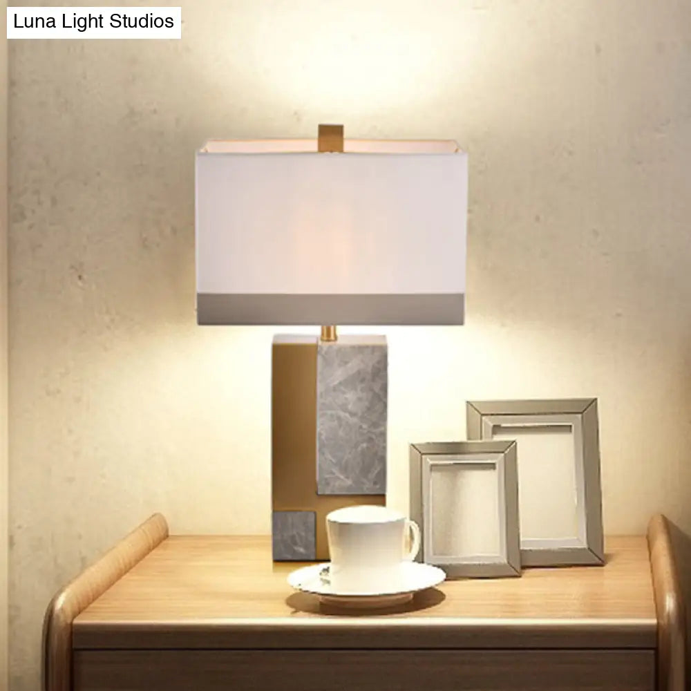 Modern White Night Table Lamp - Rectangle Fabric Shade 1 Head Study Desk Light