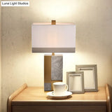 Modern White Night Table Lamp - Rectangle Fabric Shade 1 Head Study Desk Light