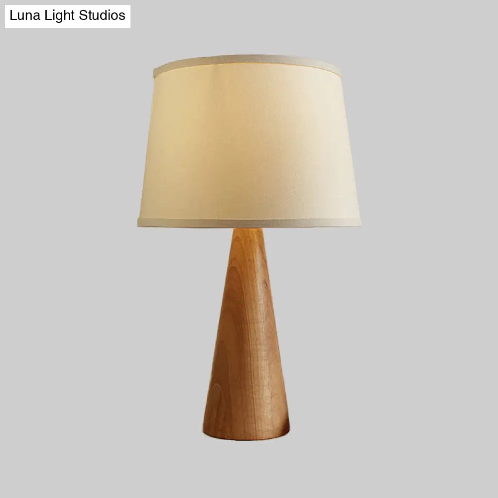 Modern White Nightstand Lamp With Shaded Fabric Table Light And Conical Brown Wood Base