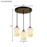 Modern White Printed Glass 3-Head Black Hanging Pendant - Cylinder Dining Room Multi Ceiling Light