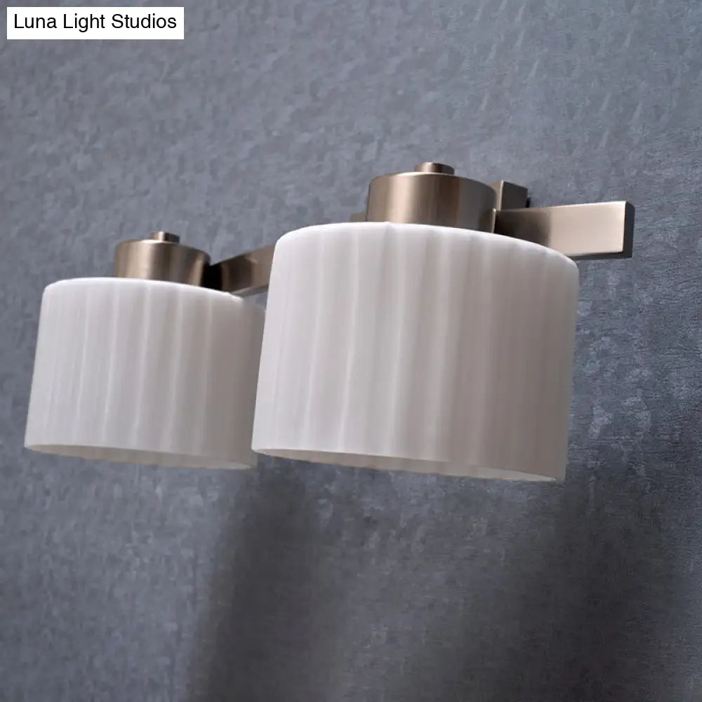 Modern White Ribbed Glass Nickel Sconce Light Fixture - 2-Head Wall Mounted Lamp