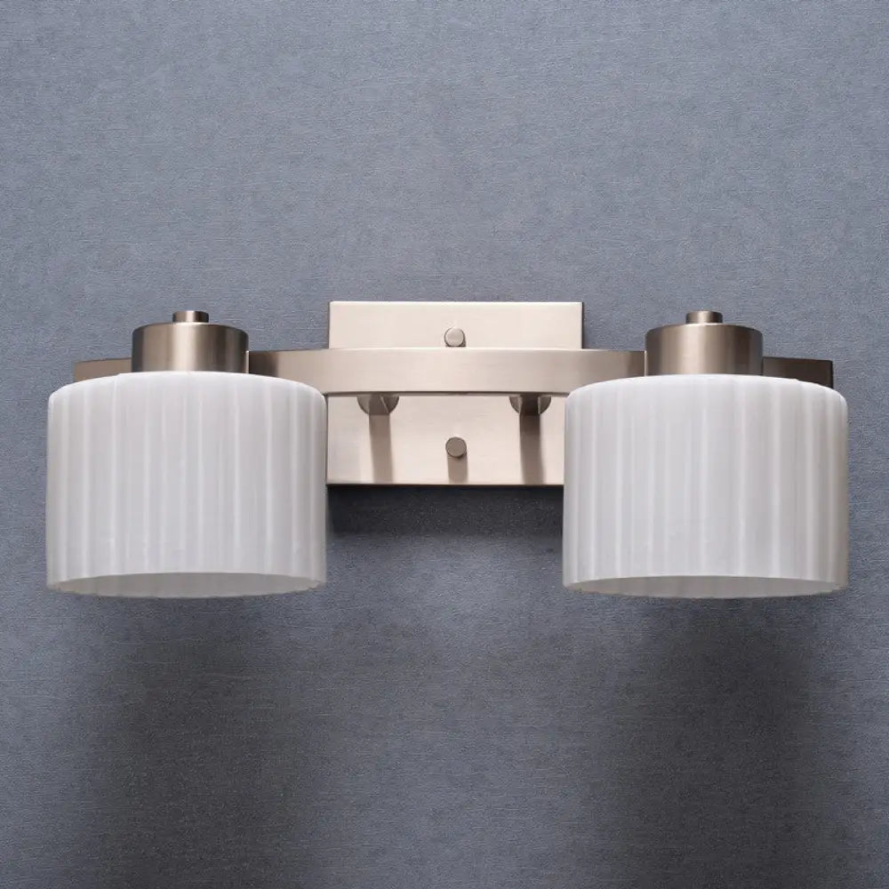 Modern White Ribbed Glass Nickel Sconce Light Fixture - 2-Head Wall Mounted Lamp
