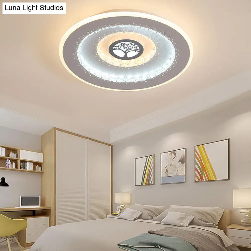 Modern White Round Crystal Led Ceiling Light With Tree Pattern - Flushmount Lighting In White/Warm