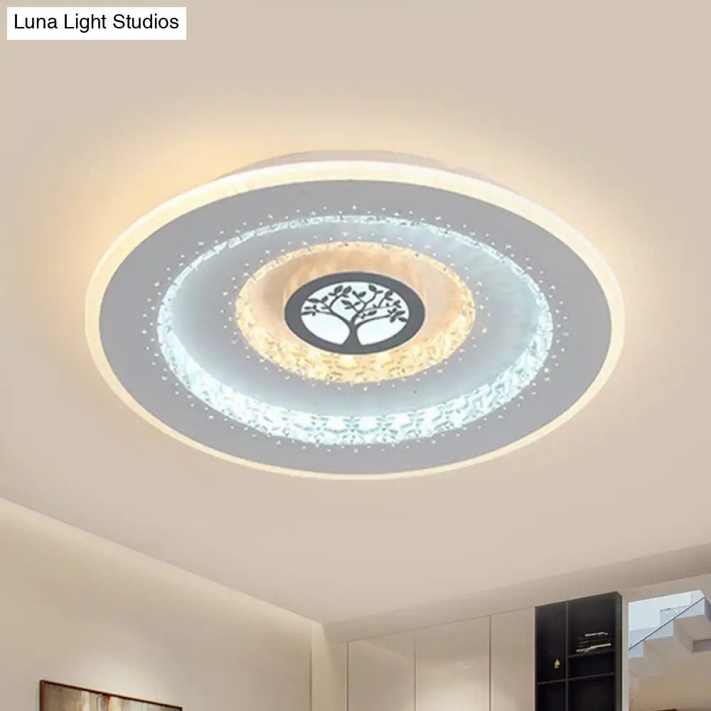 Modern White Round Crystal Led Ceiling Light With Tree Pattern - Flushmount Lighting In White/Warm