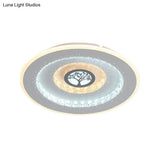 Modern White Round Crystal Led Ceiling Light With Tree Pattern - Flushmount Lighting In White/Warm