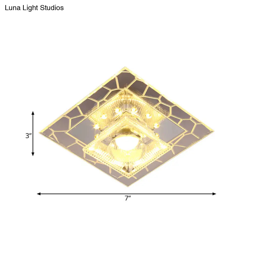 Modern White Square Flushmount Led Ceiling Light With Clear Prism Crystal For Corridors