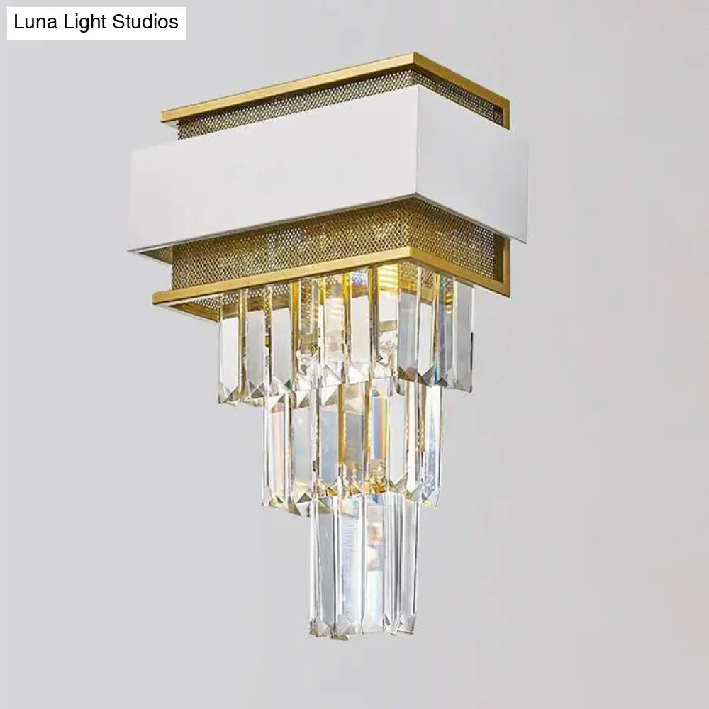 Modern White Square/Round Crystal Prisms Wall Sconce With Gold Mesh