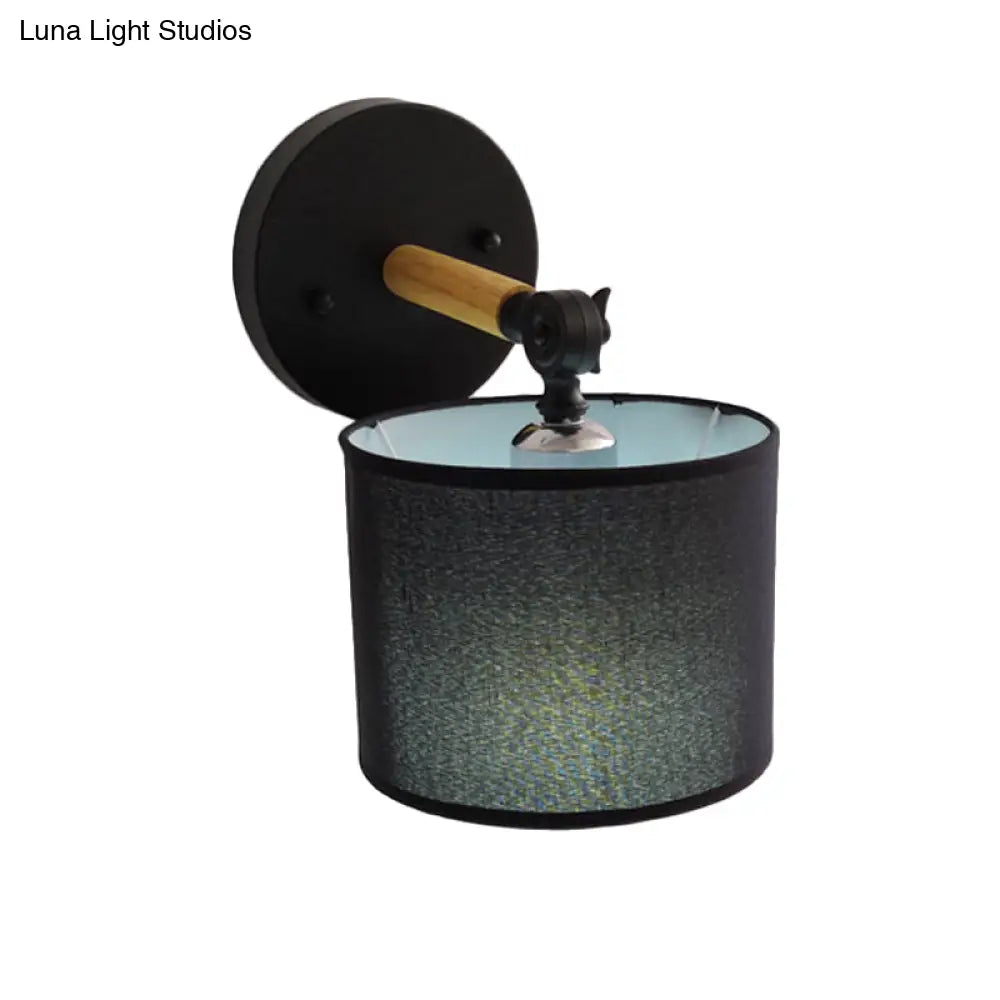 Modern Wood Armed Sconce Wall Lamp With Black Drum Shade - 1 Light Bedside Lighting