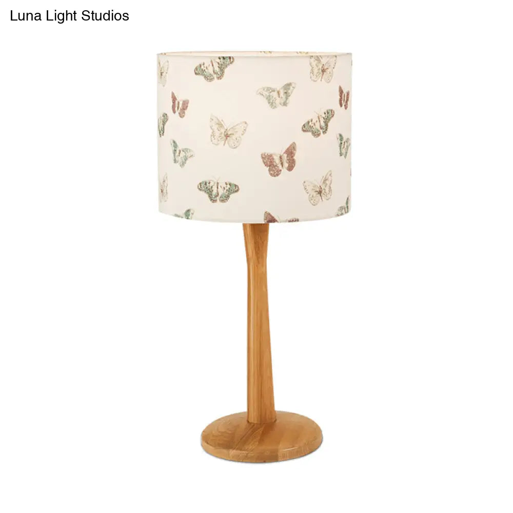 Modern Wood Barrel Study Lamp - 1-Head Fabric Task Lighting With Butterfly/Flower Pattern