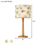 Modern Wood Barrel Study Lamp - 1-Head Fabric Task Lighting With Butterfly/Flower Pattern