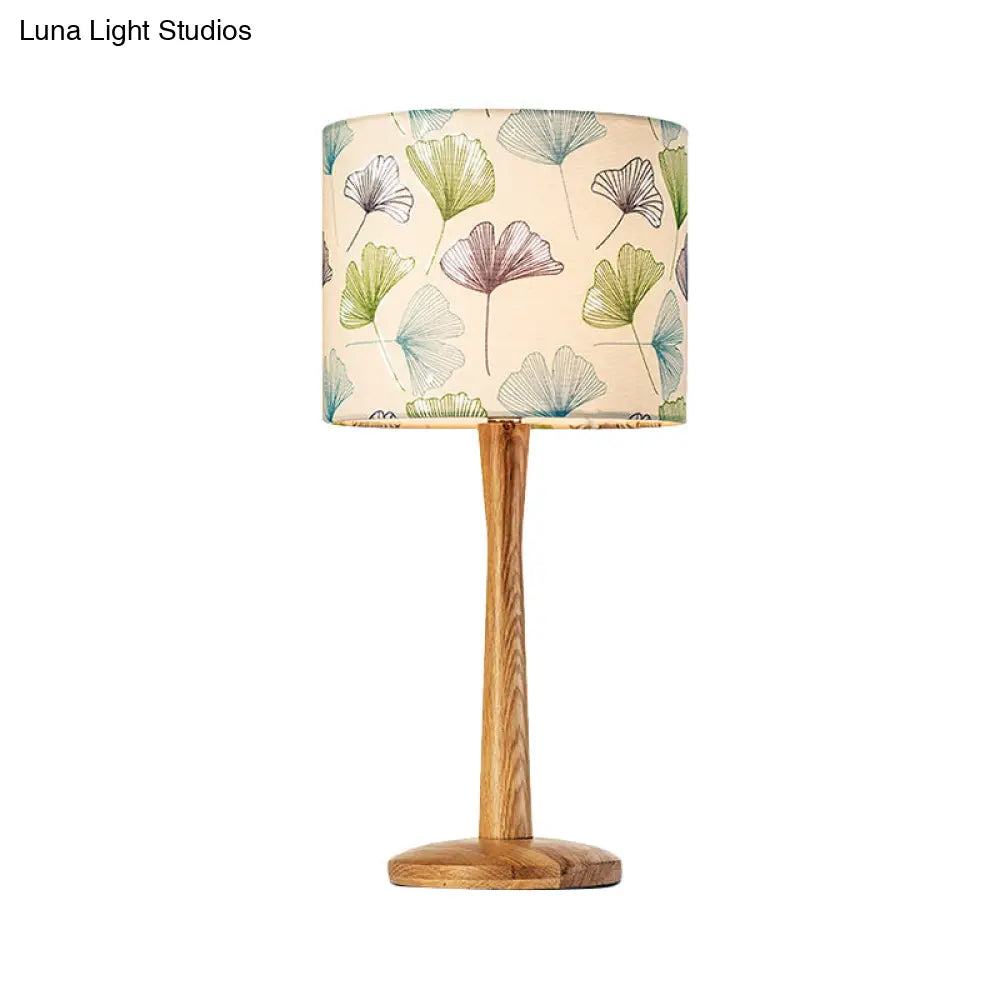 Modern Wood Barrel Study Lamp - 1-Head Fabric Task Lighting With Butterfly/Flower Pattern