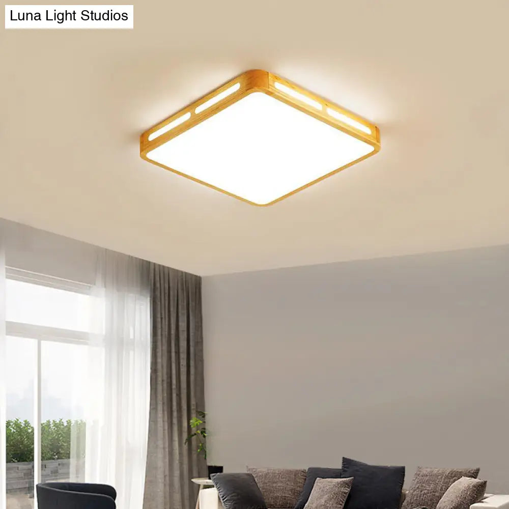 Modern Wood Beige Led Ceiling Light For Bedroom - Rectangle Flush Mount Lamp 12’/18’/21’/25.5’ Wide