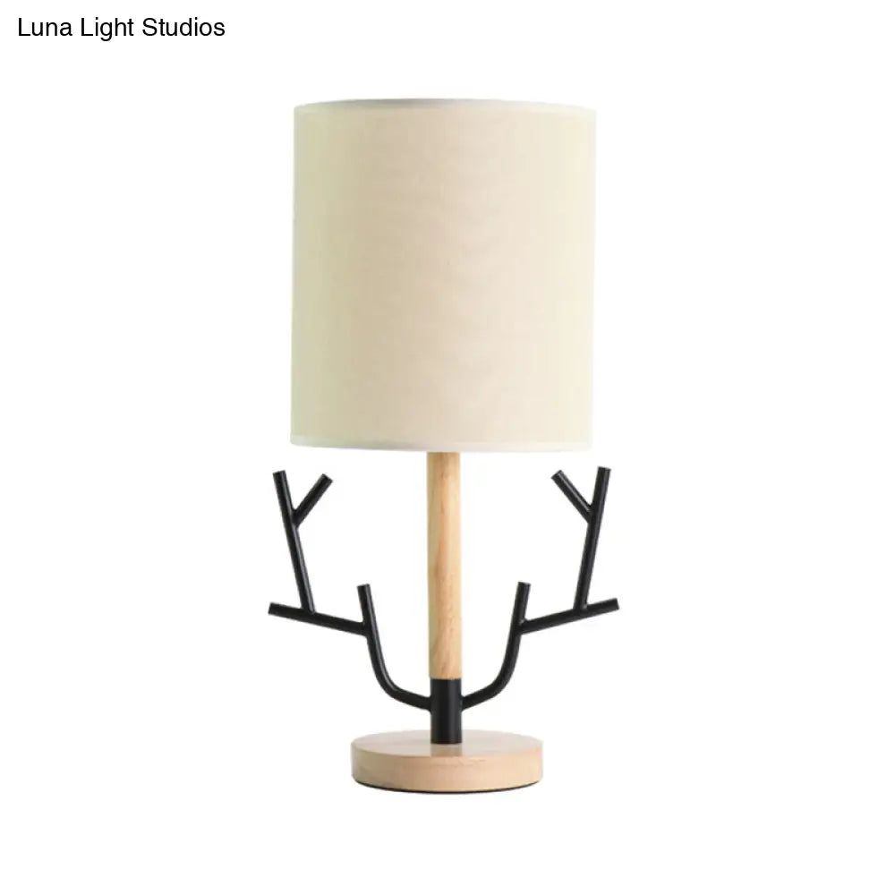 Modern Wood Branch Night Table Lamp - Black 1-Light Reading Light With Fabric Shade For Bedroom
