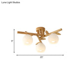 Modern Wood Branch Semi Flush Lighting - Beige Lamp With Milk White Glass Shade (3/5-Head)