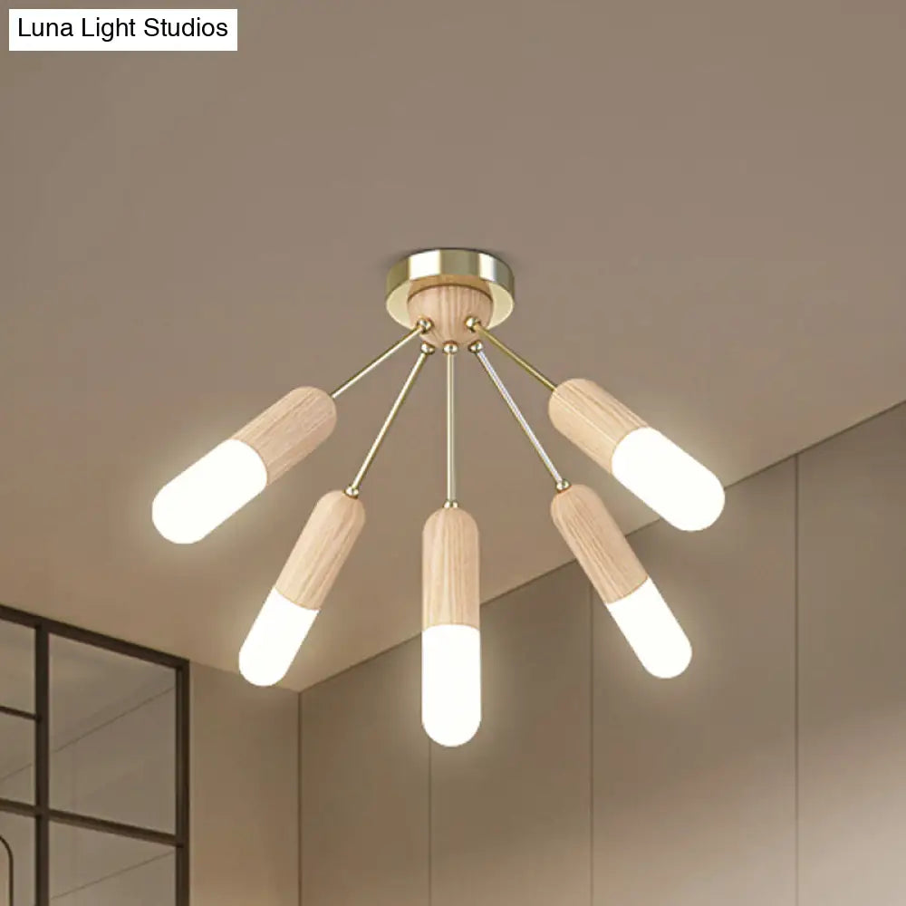 Modern Wood Capsule Semi Mount Ceiling Lamp For Bedroom - Beige 3/5 - Light