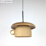 Modern Wood Coffee-Cup Pendant Light With Led Bulb - Beige Ceiling Hang Fixture