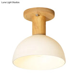 Modern Wood Dome Semi Flush Mount Ceiling Light With 1 White Glass Bulb - Ideal For Corridors