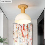 Modern Wood Dome Semi Flush Mount Ceiling Light With 1 White Glass Bulb - Ideal For Corridors