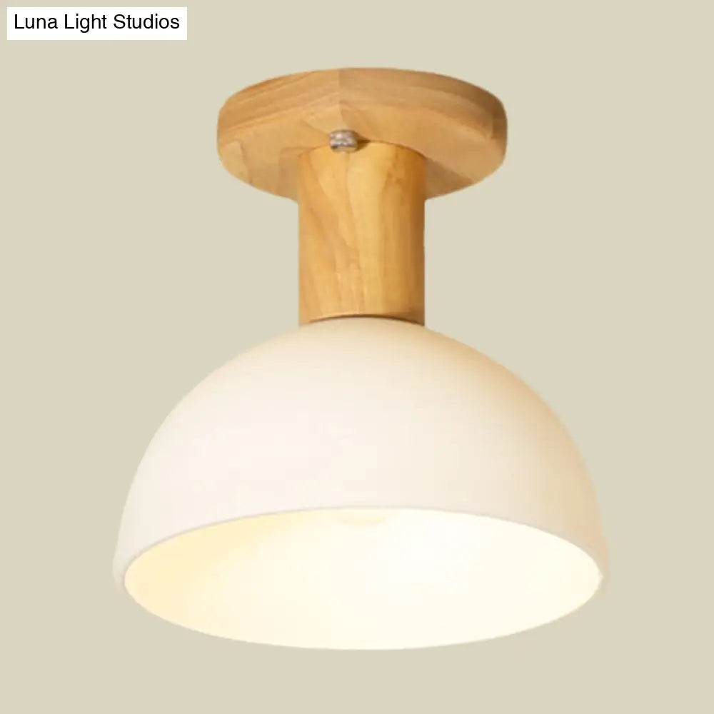 Modern Wood Dome Semi Flush Mount Ceiling Light With 1 White Glass Bulb - Ideal For Corridors