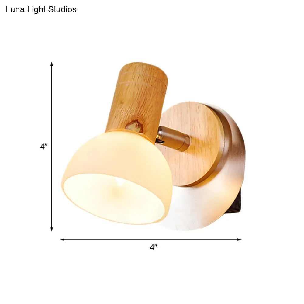 Modern Wood Domed Sconce Light Fixture With Milk White Glass Wall Mounted Lamp