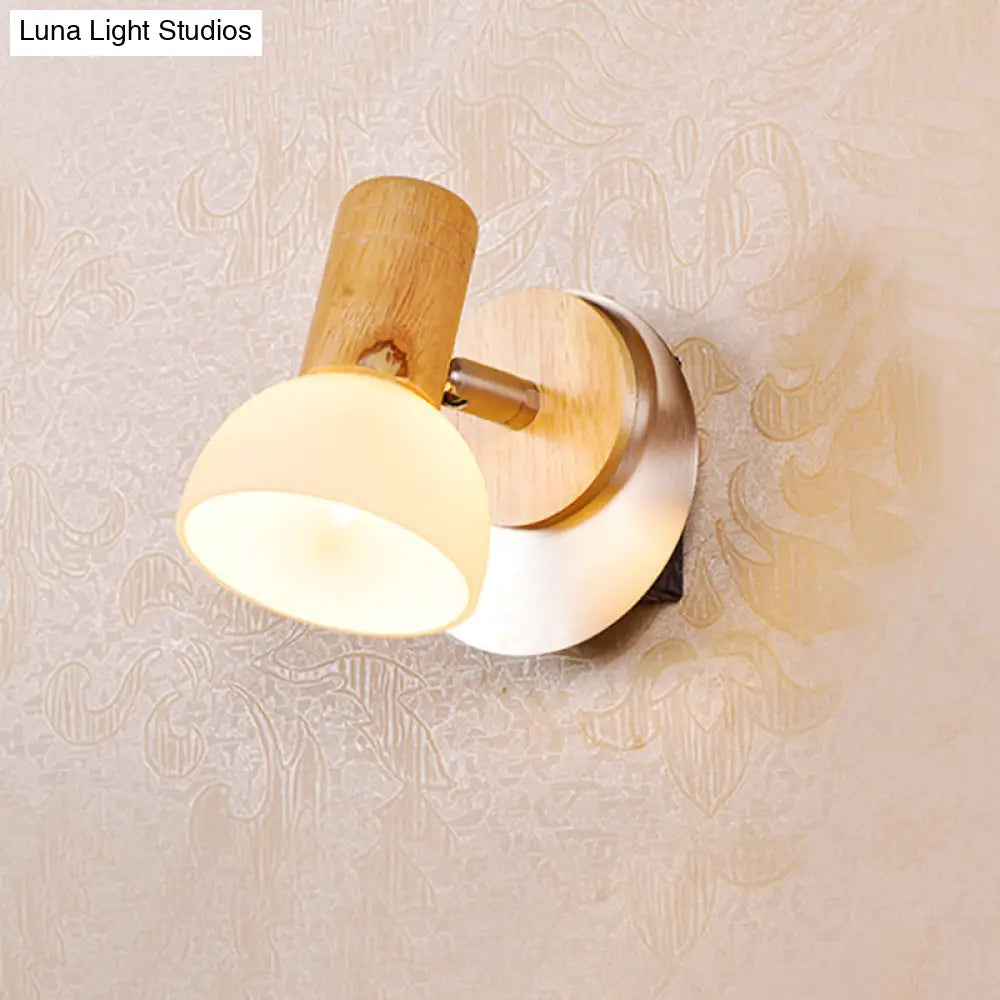 Modern Wood Domed Sconce Light Fixture With Milk White Glass Wall Mounted Lamp