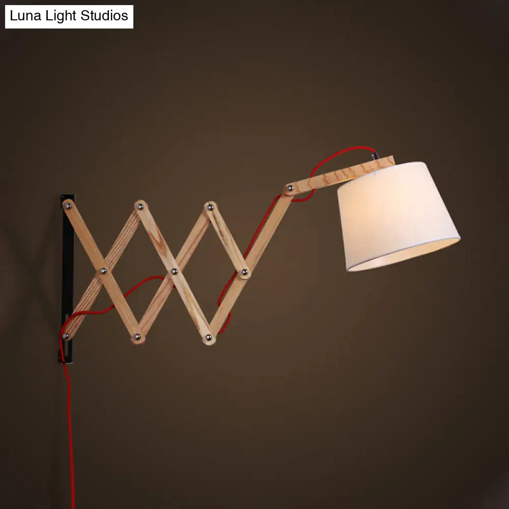 Modern Wood Expansion Arm Sconce With White Fabric Shade