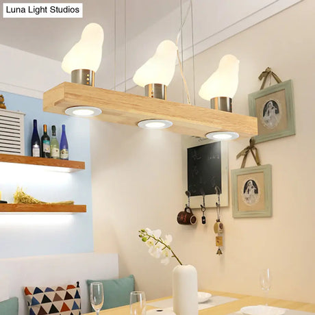 Modern Wood Island Light With White Glass Shades - Rectangular Design 3 Heads Dining Room Pendant