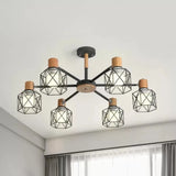 Modern Wood & Metal Chandelier For Villa And Restaurant - Wire Frame Hanging Light 6 / Grey