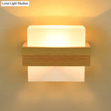 Modern Wood Rectangle Wall Lamp With Beige Sconce White Glass Shade