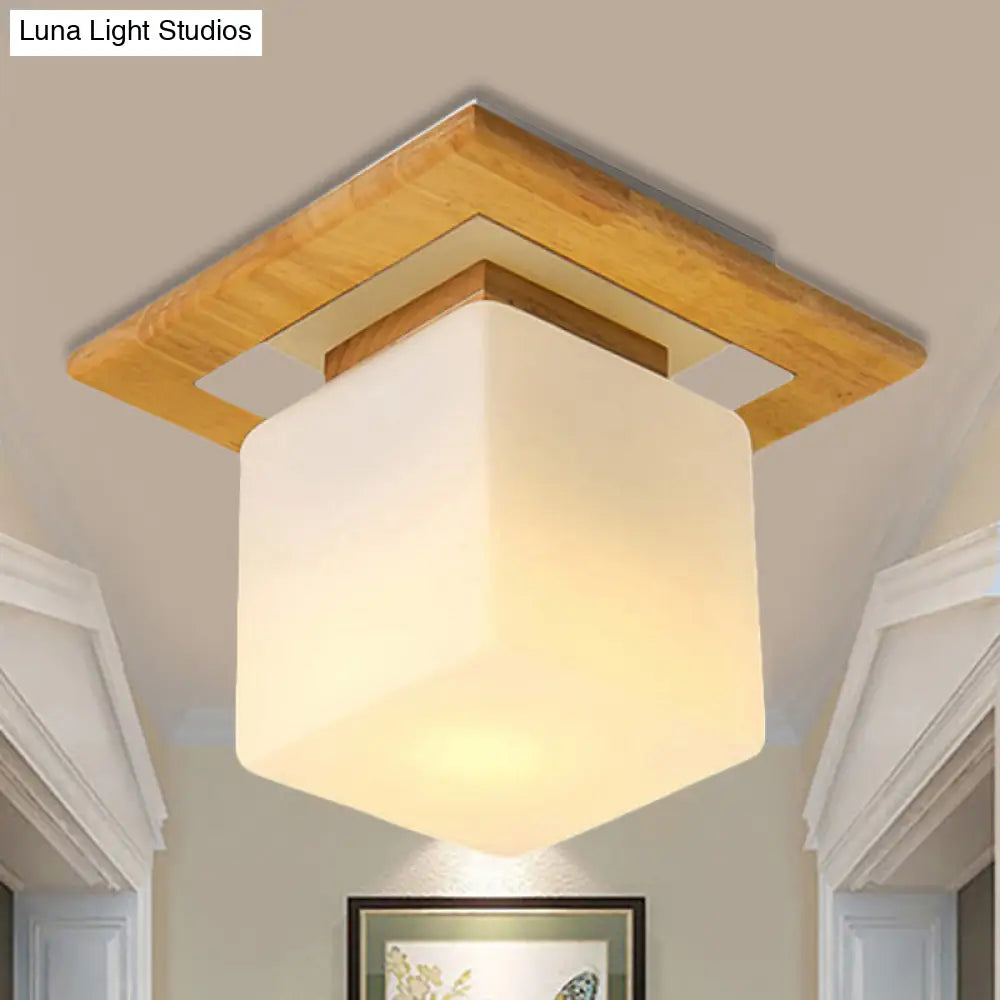 Modern Wood Square Semi Flush Mount Light With Milk Glass Shade