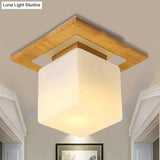Modern Wood Square Semi Flush Mount Light With Milk Glass Shade