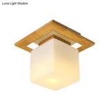 Modern Wood Square Semi Flush Mount Light With Milk Glass Shade