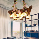 Modern Wooden Island Pendant Light - Pink/Green 6 Bulbs Led Industrial Style Hanging Lamp Kit Pink