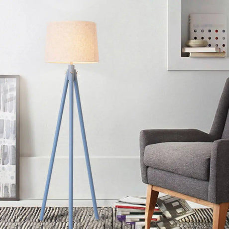 Modern Wooden Led Bedside Floor Lamp With Tripod Stand & Drum Fabric Shade Blue