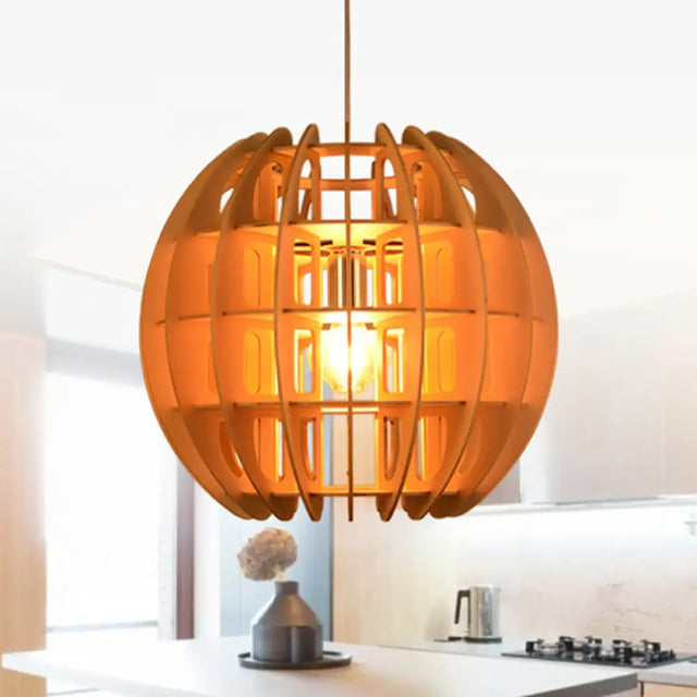 Modern Wooden Spherical Shade Drop Light In Natural Wood For Kitchen