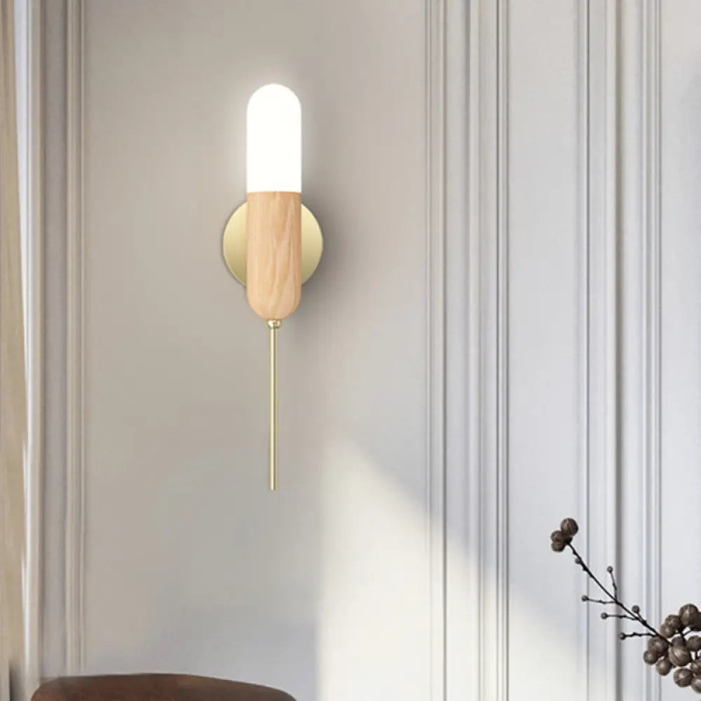 Modern Wooden Wall Lamp With Led Light Fixture And Handle - Capsule Design For Living Room Wood