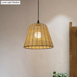 Modern Woven Rattan Pendant Lamp - Beige Bucket Hanging Light Fixture 1-Light Indoor